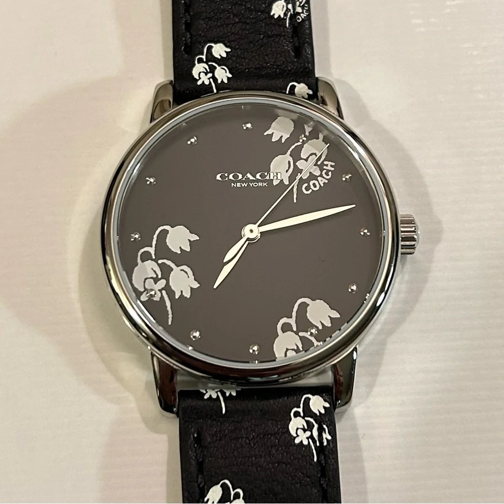 Coach Grand Floral Watch With 36mm Face & Black Leather Band